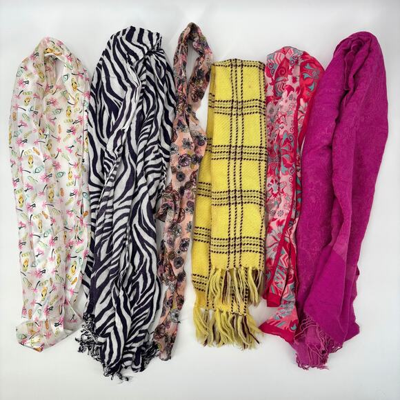 Lot of 6 Scarves, Zebra, Wool, Pink Floral, Warriors in Pink, Pashima, Palm Tree - Picture 1 of 8